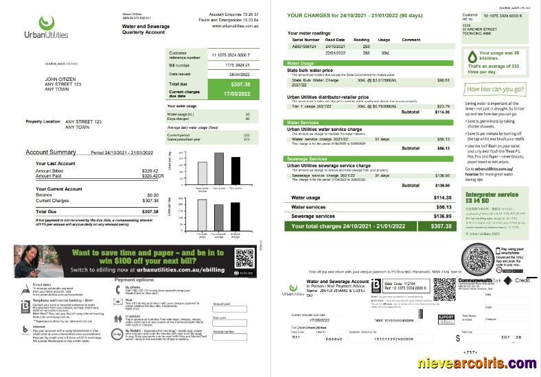 Australia Urban Utilities utility bill